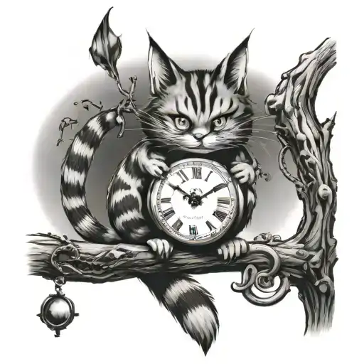 cheshire cat on a tree with white rabbit chained from foot looking at a pocket watch tattoo design idea