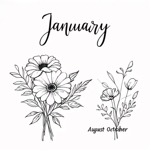 a fine line minimalist birth flower bouquet with the months january august and october   tattoo design idea