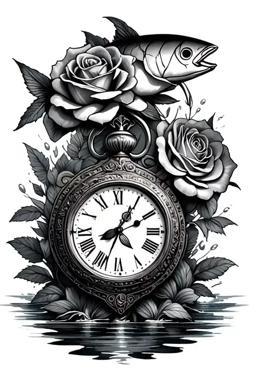Aquarius, fishing, brick, rose, clock tattoo design idea
