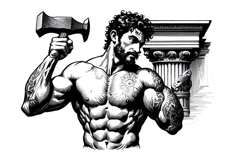 Man with good physicist forging his own body through a Greek style column with a hammer and peak tattoo design idea