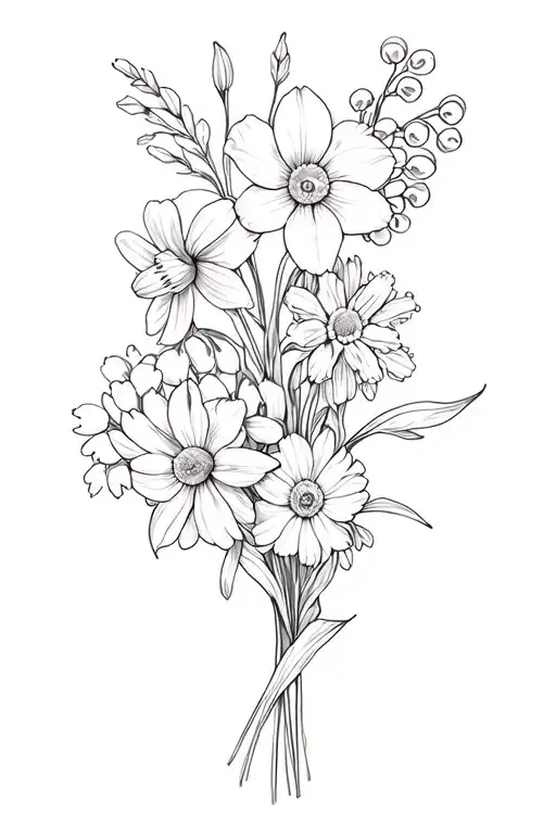 bouquet of flowers containing narcissus, peony, larkspur, lily of the valley, iris, and daisy for a tattoo, black and wh tattoo design idea