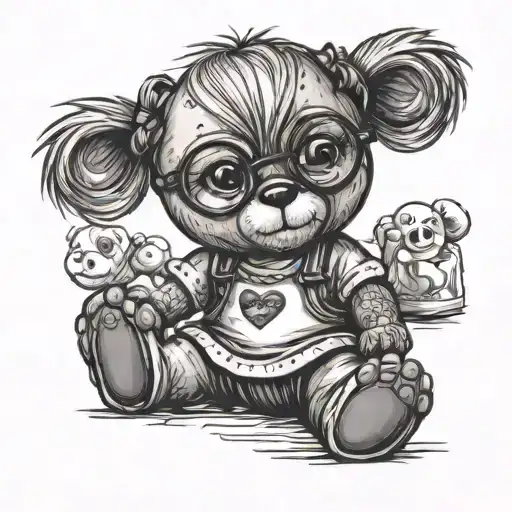 little girl teddy bear with square glasses sitting on the floor tattoo design idea