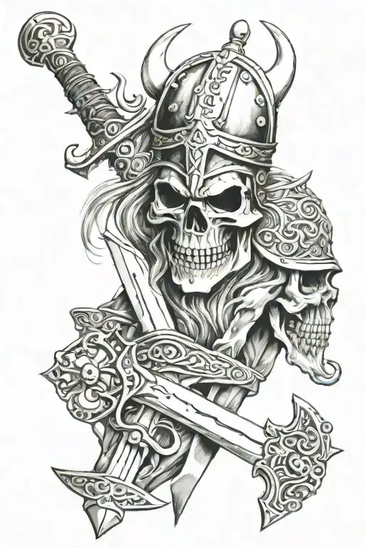sword and viking skull wearing tattoo design idea