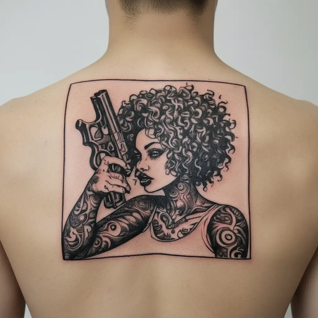 woman with curly chicano hair with pistol tattoo design idea
