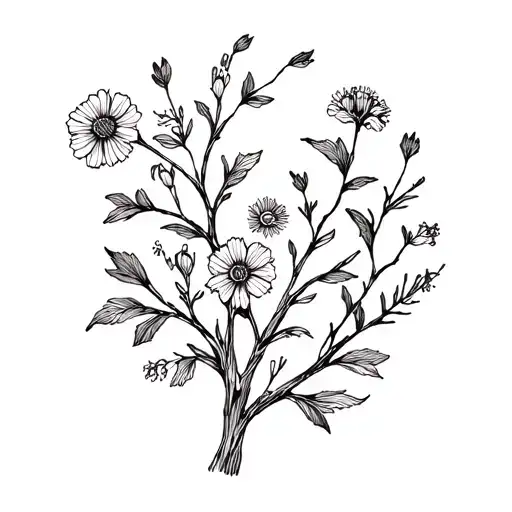 fine line tattoo, whimsical illustration with branches and wild flowers. vintage style illustration. tattoo design idea