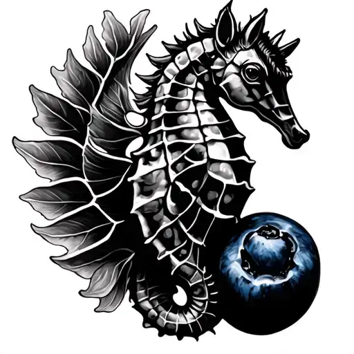 Seahorse holding blueberry with it's tail tattoo design idea
