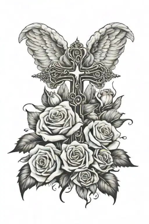 cross with roses and angel wings spread wide tattoo design idea