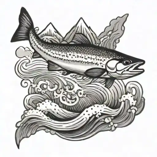 mountain with trout in stream flowing tattoo design idea