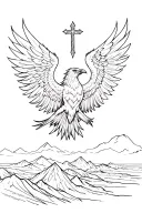 fierce phoenix rising wings up with a linework sunset mountains in the background and a cross at the top tattoo design idea