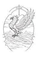 fierce phoenix rising wings up with a linework sunset mountains in the background and a cross at the top tattoo design idea