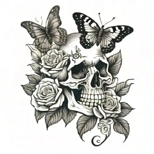 butterfly and skull with roses tattoo design idea