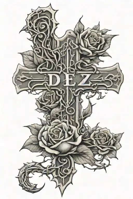 The word "Dez" inside of a cross wrapped in a rose covered in thorns with a water ripple at the bottom of the cross tattoo design idea