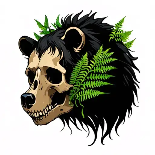 bear skull with ferns sprouting tattoo design idea