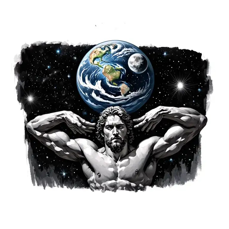 Atlas holding the Earth and moon above his shoulders beneath a swirling galaxy and a sky full of stars tattoo design idea