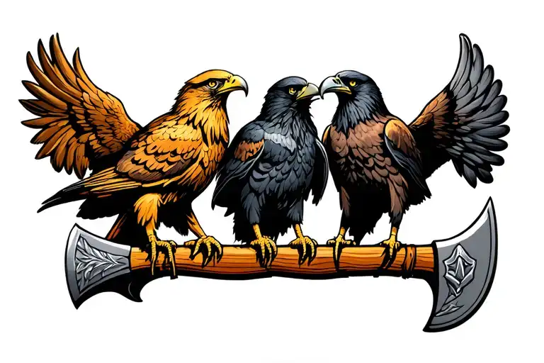 three birds sitting on horizontal viking axe. Birds are golden eagle, bald eagle, raven. Nordic tattoo design idea