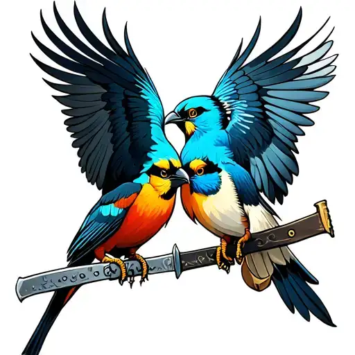 two birds fighting in neo traditional while holding weapons tattoo design idea