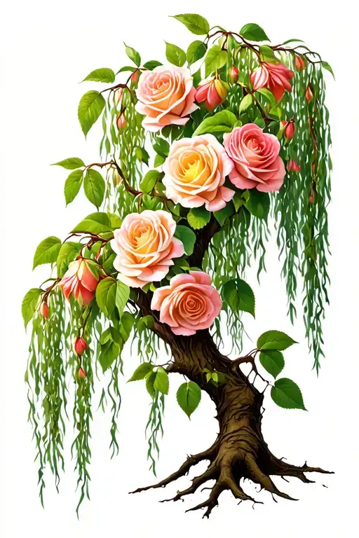 weeping willow tree with roses tattoo design idea