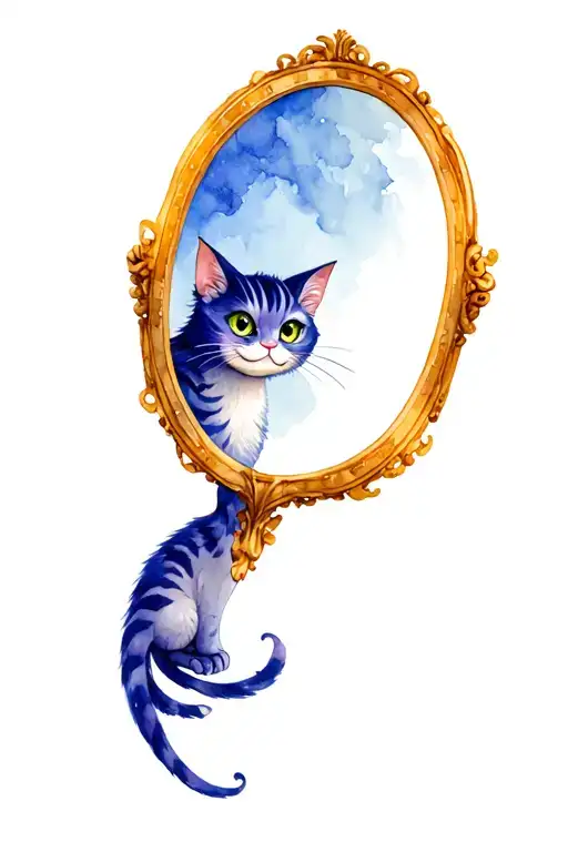 Cheshire the Cat looking in a mirror with old version from book on one side and new version from movie on the other.  tattoo design idea