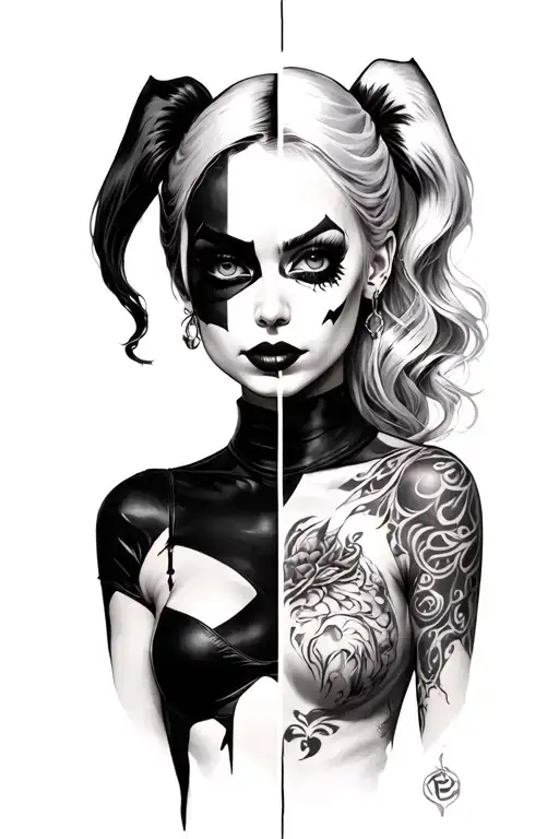 Half her face as Harleen Quinzel, half as Harley Quinn — representing innocence and chaos merged full body  tattoo design idea