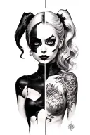 Half her face as Harleen Quinzel, half as Harley Quinn — representing innocence and chaos merged full body  tattoo design idea