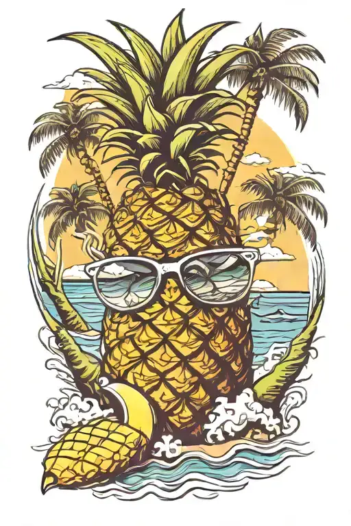 beach scene coming out of pineapple tattoo design idea