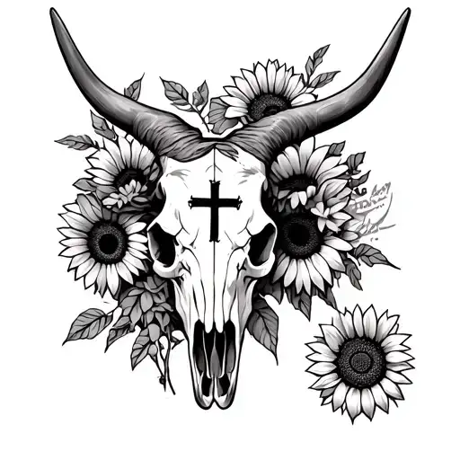 Texas longhorn skull with a cross somewhere near it and barbed wire with it and sunflowers and other western flowers tattoo design idea