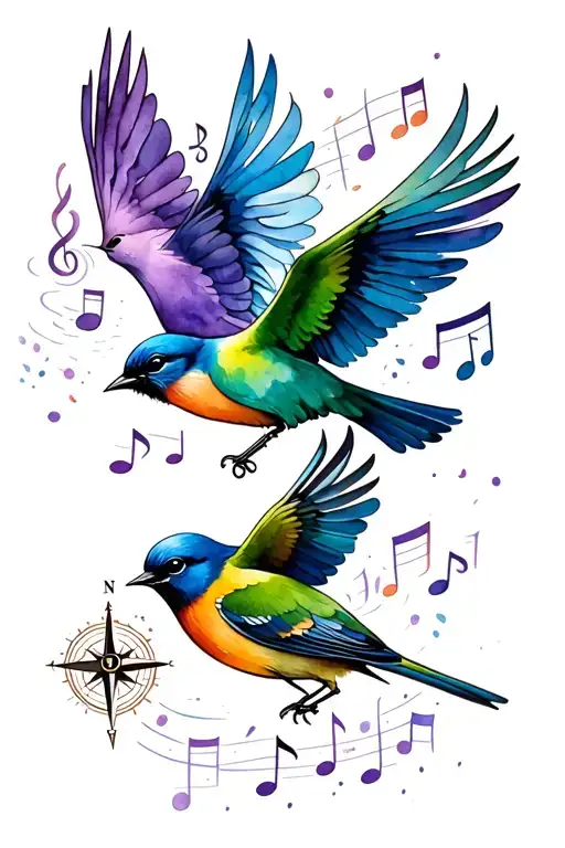 blue bird, green bird, purple bird flying home with music notes and compass tattoo design idea