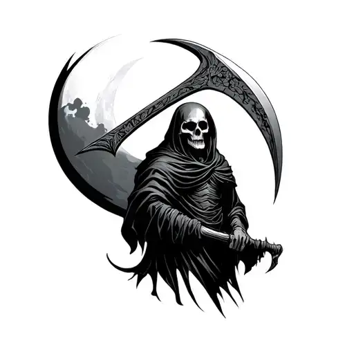 grim reaper skull holding a scythe dark night moon tattoo design idea