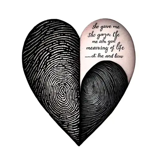 a heart consisting of a fingerprint on one half and an inscription on the other half - she gave me the meaning of life tattoo design idea
