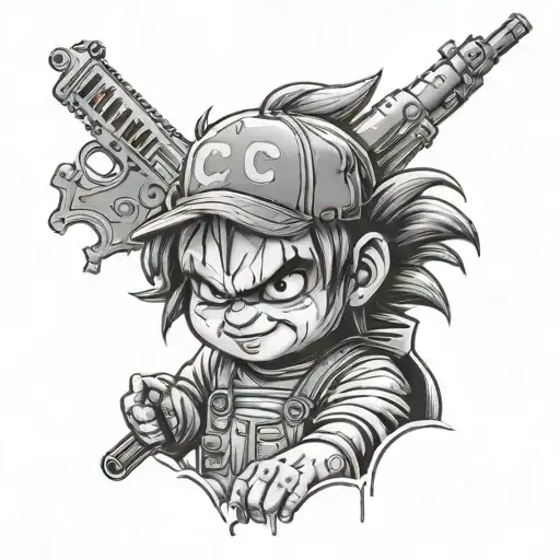 hood Chucky with lined up curls with gun tattoo design idea