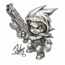hood Chucky with lined up curls with gun tattoo design idea