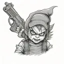 hood Chucky with lined up curls with gun tattoo design idea