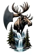 waterfall mountain moose axe tattoo design idea