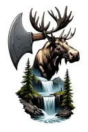waterfall mountain moose axe tattoo design idea