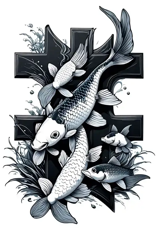 koi carp family with 2 adults and 3 small carp swimming around cross tattoo design idea
