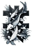 koi carp family with 2 adults and 3 small carp swimming around cross tattoo design idea