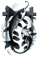 koi carp family with 2 adults and 3 small carp swimming around cross tattoo design idea