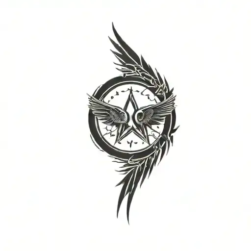 a circle that includes 2 wings and a star surrounded and filled by celtic and tribal symbols tattoo design idea