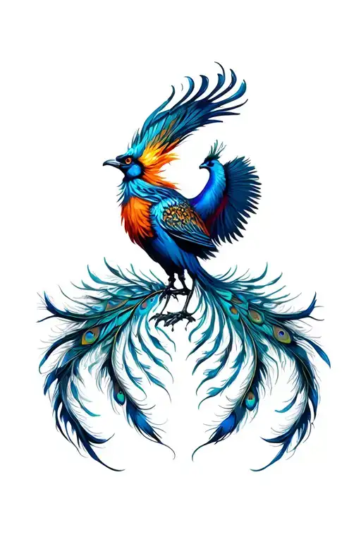 frontal view of a majestic rising from the ashes phoenix with long  peacock feathers tail tattoo design idea
