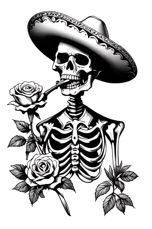 sad mariachi skeleton skull biting a rose tattoo design idea