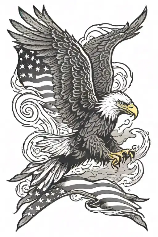 abstract eagle carrying american flag in a storm clouds tattoo design idea