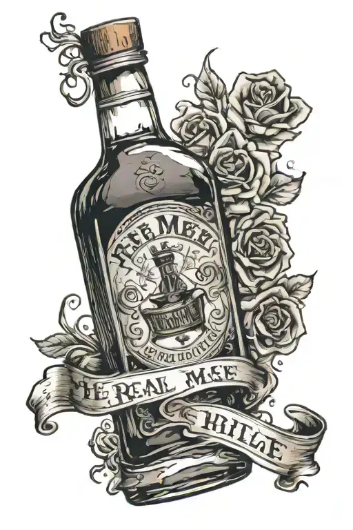 Whiskey bottle with the words "the real me" written tattoo design idea