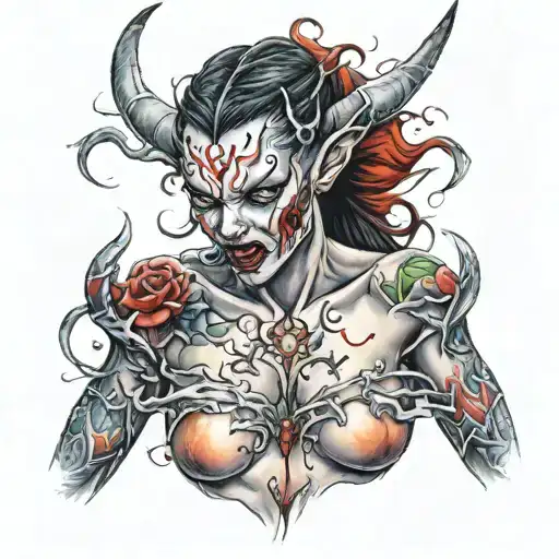 Color realistic tattoo of sexy naked demon girl tattoo design idea