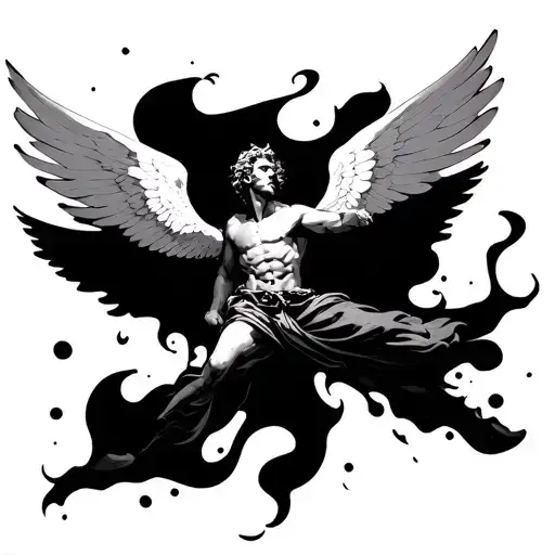 black and white tattoo design, icarus in free fall his fake wings melting off, can’t see his face, fine line, minimalist tattoo design idea
