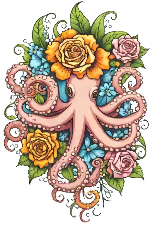 octopus, snowdrop, rose,  marigold flower tattoo design idea
