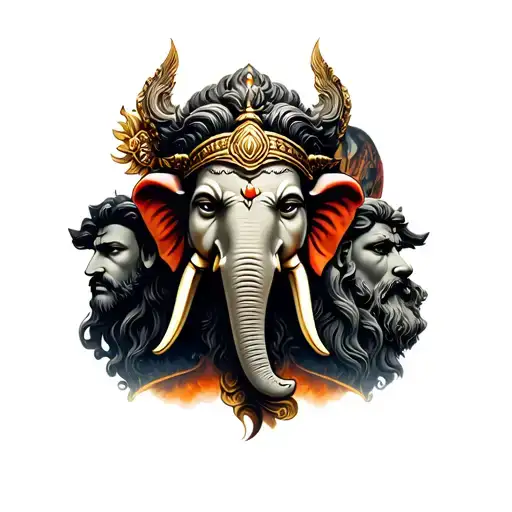 Heads of Ganesha, Odin, Buddha, Poseidon, Fenrir, Zeus tattoo design idea