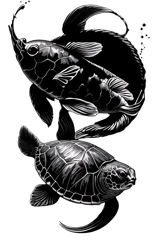 One Koi Fish swimming, and one sea turtle swimming beneath the Koi Fish. Tattoo style, no colour. Shadowing tattoo design idea