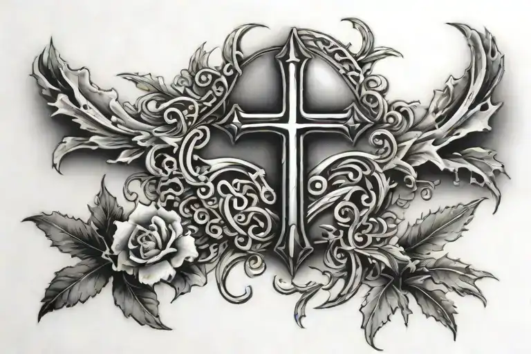 Christian word " PSALM 23:4-6" and three crosses in the background tattoo design idea