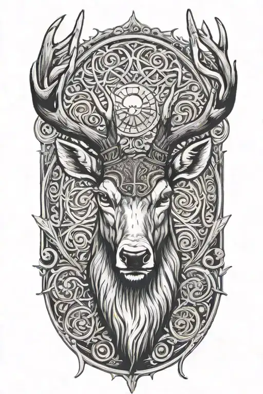 Powerful stag head with large antlers and rings on antler base, moon tattoo design idea