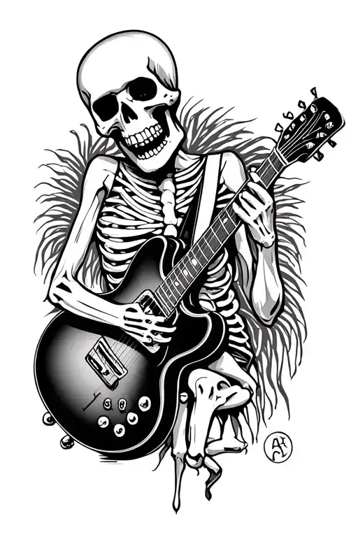 I need a Blackwork and sketch art style tattoo of a skeleton from the front, with a ripped tank top, playing a guitar tattoo design idea